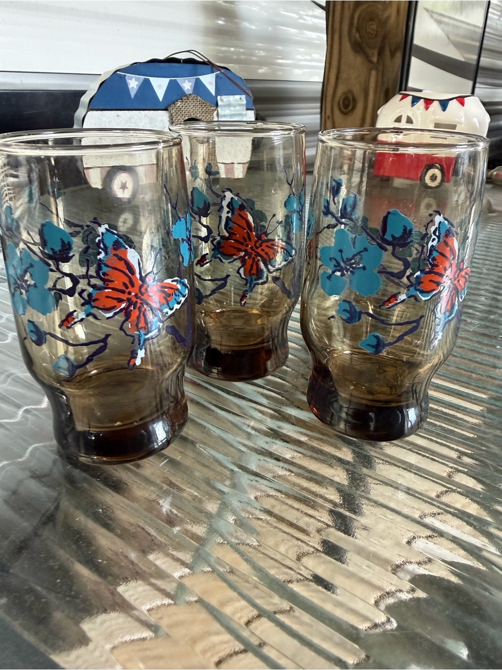 3 Libbey Tawny Butterfly Blue MCM/vintage juice glasses